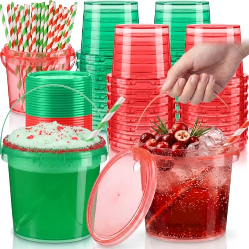 Funnymoom 32 Pcs Christmas Red & Green Drink Buckets with Lids & Straws, 34 Oz / 1 L