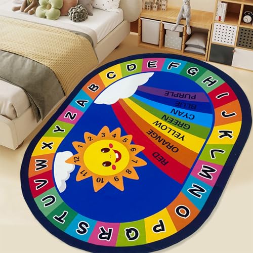 USTIDE Large Oval Kids Classroom Rug 6x9 Rainbow ABC Alphabet Playmat with Non-Slip Backing - Rainbow Sun Variation