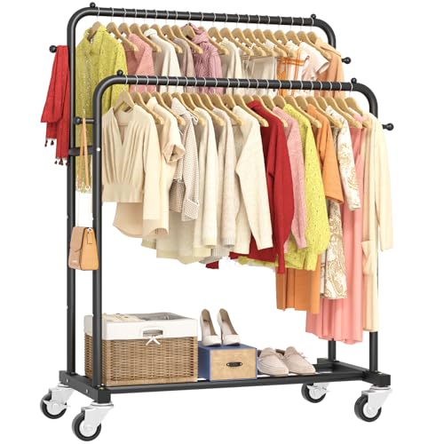 Black Double Rod Garment Rack with Wheels & Hooks, Multi-Functional Clothes Organizer