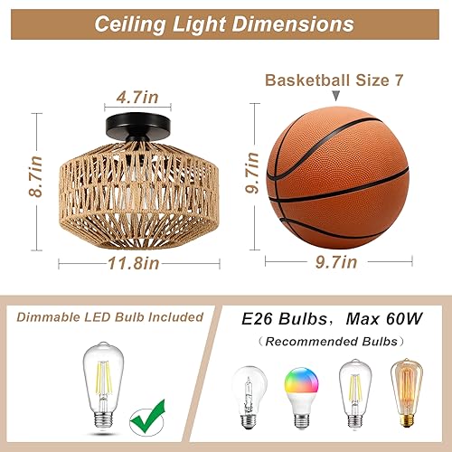 Boho Ceiling Light Fixture with Dimmable LED Bulb - Mini Rattan Chandelier, Brown Variation