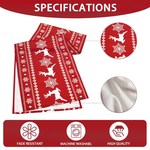 Reindeer Red Christmas Table Runner 72 Inches Long - Faux Linen Holiday Decor