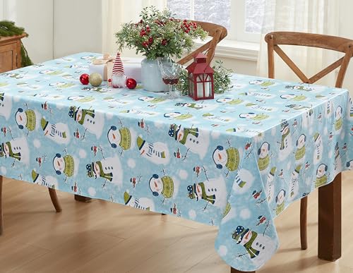 Newbridge Christmas Blue Snowy Snowman Vinyl Tablecloth 60 x 102 Rectangle