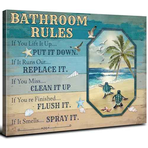 Sea Turtle Bathroom Decor Teal Blue Bathroom Rules Wall Art Beach Themed Funny Quotes Words Pictures Farmhouse Toilet Sign Canvas Prints Artwork for Restroom Door Bath Laundry Home Decorations 12x16"