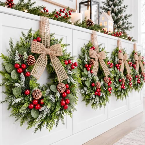 Dingion 12 Pcs Mini Christmas Wreaths for Cabinets with Pine Cones & Bows – 9 inch