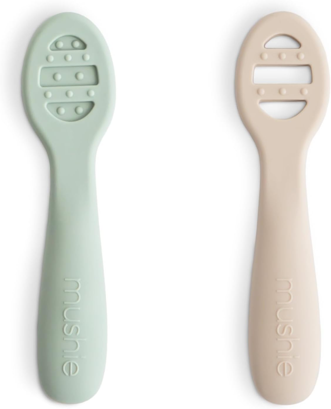 Mushie Silicone Baby Feeding Spoons - Soft, Safe & Durable | 2 Pack in Cambridge Blue & Shifting Sand