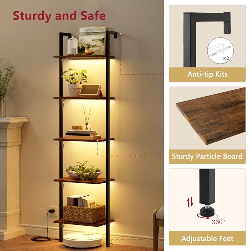 Wall Mounted Ladder Bookshelf with Light - Rustic Brown, 5 Tiers