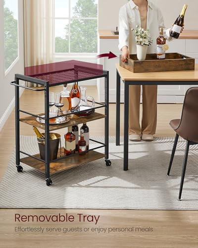 VASAGLE Rustic Brown and Black Bar Cart with Wheels, Wine Rack & Glass Holder - 15.7"D x 28.3"W x 33.9"H