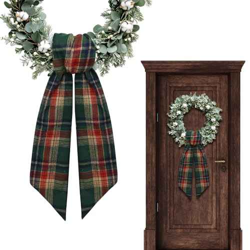 Christmas Wreath Sash for Front Door, Green Red Plaid Burlap Ribbon Sash Xmas Holiday Wreath Accessories for Thanksgiving New Year Decorations
