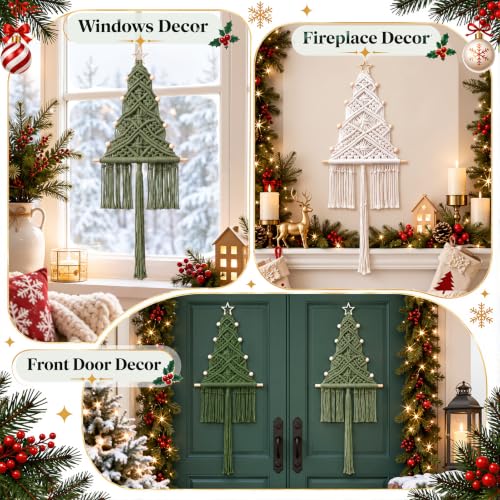 Taysta Macrame Christmas Tree Wall Hanging Decor 3 Pack Sage White Green