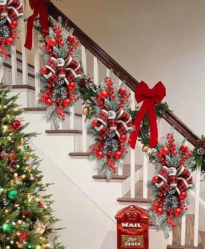 FACINOC 24 Inch Red Artificial Christmas Swag - 2 Pack Front Door Decor