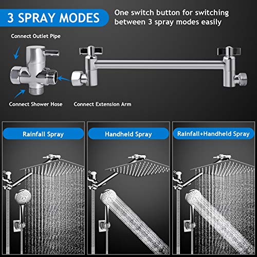 PinWin 10 Inch Chrome Rain Shower Head & 11 Inch Extension Arm - High Pressure Handheld Combo
