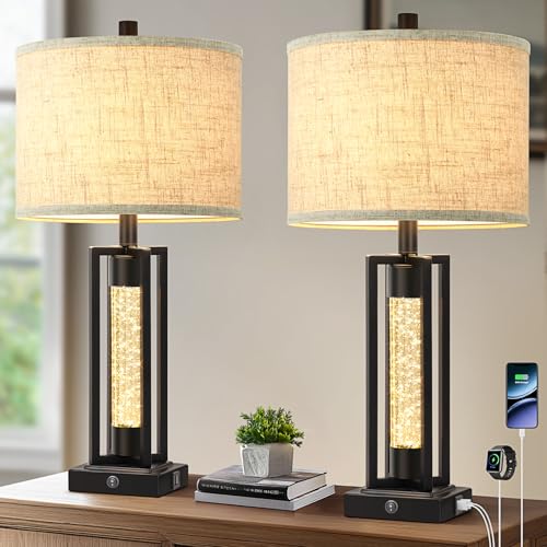 Set of 2 Farmhouse Table Lamps with Crystal Night Light, Black, 26 Inches - Includes USB Charging Ports