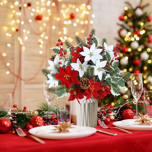 Christmas Artificial Flower Bouquets 14'' Poinsettia Holly Pinecones Red & White