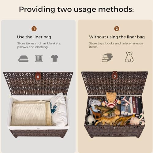 Honjourai 200L Wicker Storage Basket with Lid & Removable Liner - Brown