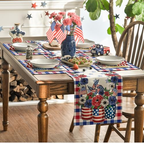 Artoid Mode Buffalo Plaid Vases Flowers 4th of July Placemats Set 6,