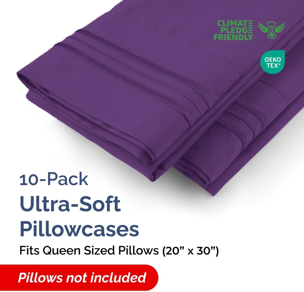 Queen Pillow Cases by Ultra Soft | Hotel Quality, Wrinkle-Free, Easy-Care - 10 Pack in Purple