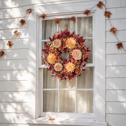 24-Inch Fall Artificial Peony Dahlia Wreath for Front Door Decor - Autumn Leaves