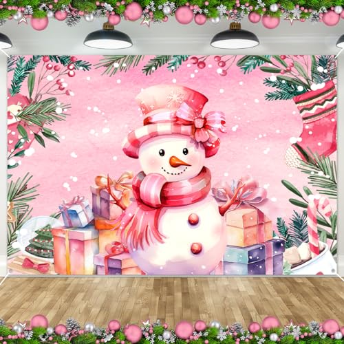Pink Snowman Christmas Banner - Large Fabric Holiday Party Decor