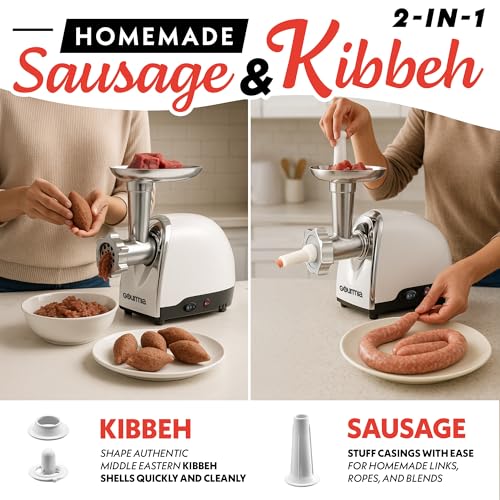 Gourmia 500W Electric Meat Grinder with Sausage Stuffer & Stainless Steel Plates