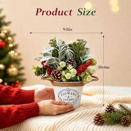 Christmas Table Decor with Metal Pot, Winter Xmas Centerpieces for