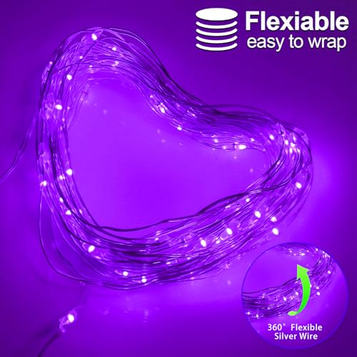 Halloween Christmas Decorations Purple Fairy String Lights Indoor, Battery Operated with Timer, 2Pack Total 33FT 100 Led Mini Battery Powered Twinkle Mason Jar Waterproof Firefly Lights DIY Party