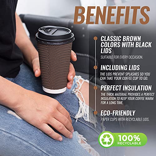 Brown Disposable Coffee Cups with Lids 16 oz - Ripple Insulated Paper Cups, 80 Pack