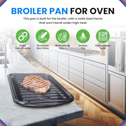 Nonstick Porcelain Broiler Pan with Rack - 16.75 x 12.75 Inches, Oven Replacement