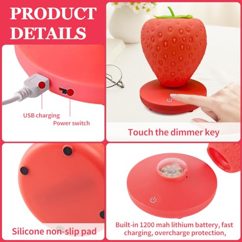 Strawberry Night Light, LED Cute Night Light, Cute Silicone Strawberry Lamp, 3 Modes Touch for Birthday, Christmas (Red)