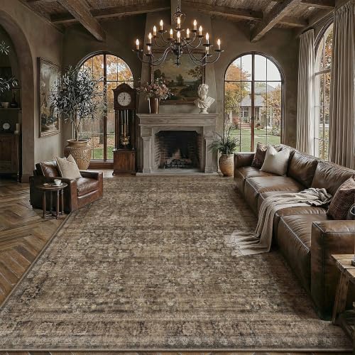 Brown Vintage 8x10 Area Rug - Washable Low Pile Living Room Carpet - Floral