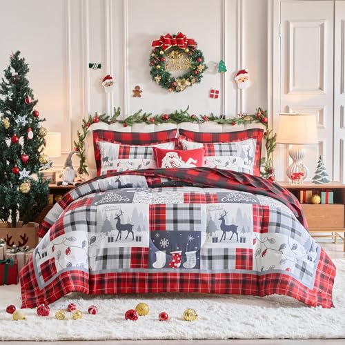 Christmas 7-Piece King Comforter Set with Red Gray Plaid Deer Snowflake - Bed in a Bag