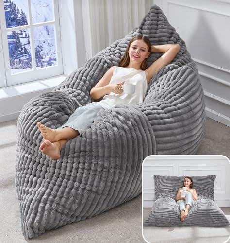 Large Grey 3-in-1 Convertible Bean Bag Chair Sofa Lounger Floor Cushion - Hobestluk