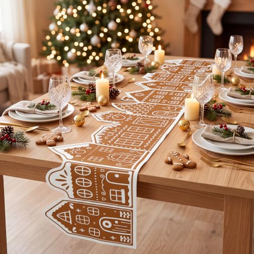 Gingerbread House Table Runner 13 x 72 in - Waterproof Cotton Linen Holiday Decor