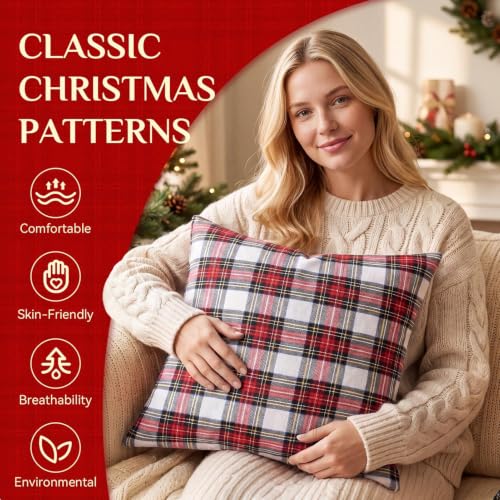 Softalker Christmas Plaid Throw Pillow Covers Set of 4, 20x20 Inches, Red White