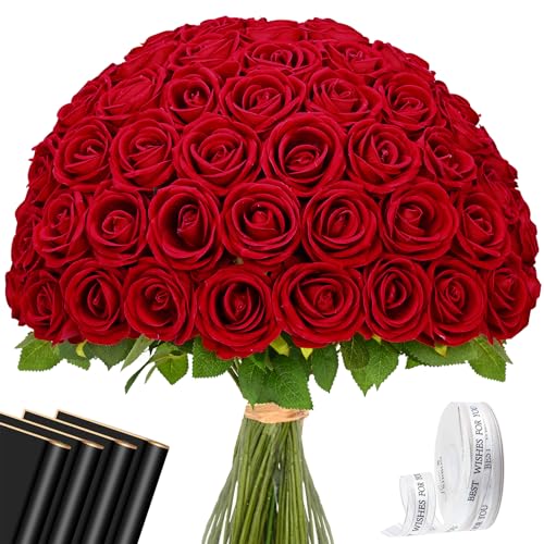 Red Artificial Roses 50 Pcs - Real Touch Velvet Flowers for Home Decor and Gifts