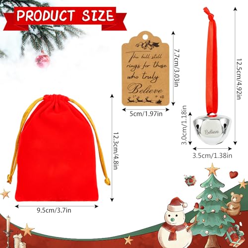 Bylion Silver Christmas Belief Bells Set with Red Velvet Gift Bags, 12 Pack