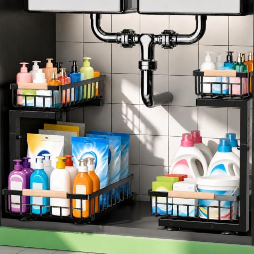 GeeBom Under Sink Organizer 2 Pack - Black, 11.8W x 15.9D x 13.8-16.9H Double Sliding Metal Shelves