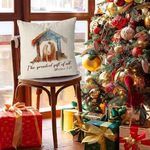 GAGEC Christian Christmas Pillow Covers Nativity Christmas Decorations Jesus is The Reason for The Season Xmas Throw Pillows Covers Home Sofa Living Room Decorative Cushion Case 18x18 Inch