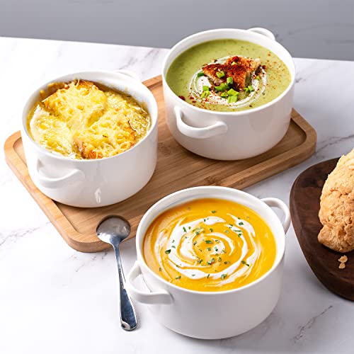 DELLING White Ceramic Soup Bowls with Handles Set of 6, 24 Oz Oven Safe Crocks