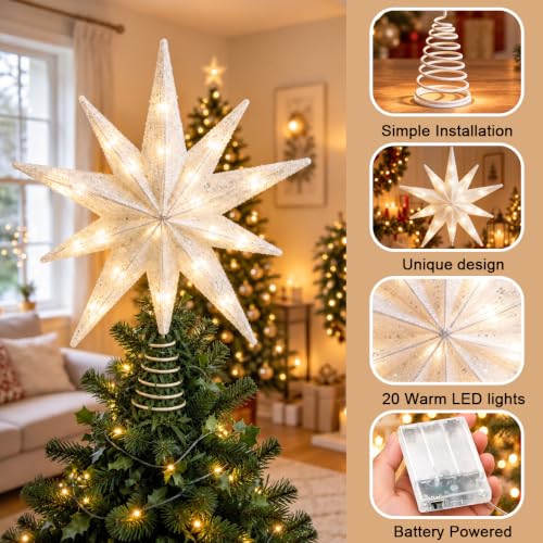 White 13-Inch Silver 10-Point Christmas Tree Topper with 20 LED Lights