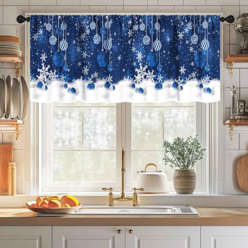 Winter Blue Christmas Valance 54x18 in – 1 Panel, Rod Pocket Kitchen & Living Room Window Curtain