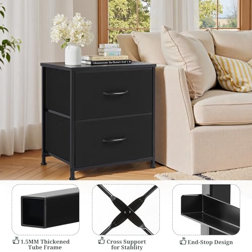 Nightstand with 2 Drawers and Wooden Top - Black Small Bedside End Table