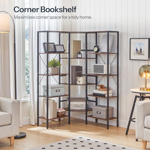 Industrial Corner Bookshelf - 5-Tier L-Shaped Bookcase with Rustic Finish