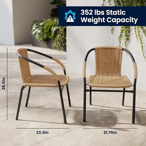 Beige Rattan Stackable Indoor-Outdoor Restaurant Chair Set of 2 - Contemporary Style