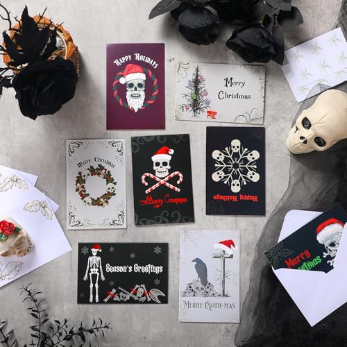 Gothic Christmas Cards Set with Envelopes & Stickers - Spooky Skeleton Theme, 36 Pack