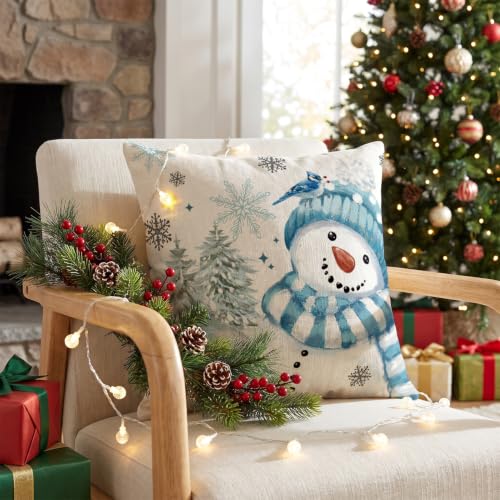 AVOIN Colorlife Blue 18x18 Winter Snowman Snowflake Throw Pillow Cover - Holiday Sofa Cushion Case