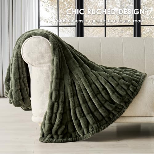 EverGrace Twin Faux Rabbit Fur Throw Blanket 60x80 Loden Green - Luxurious Cozy Bedding
