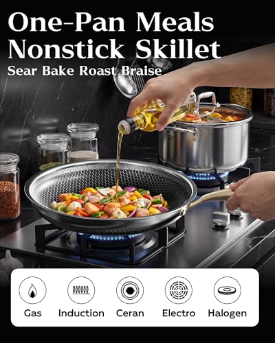 10-Inch Nonstick Frying Pan with Lid - Honeycomb Surface, PFAS-Free, All Cooktops - Gold