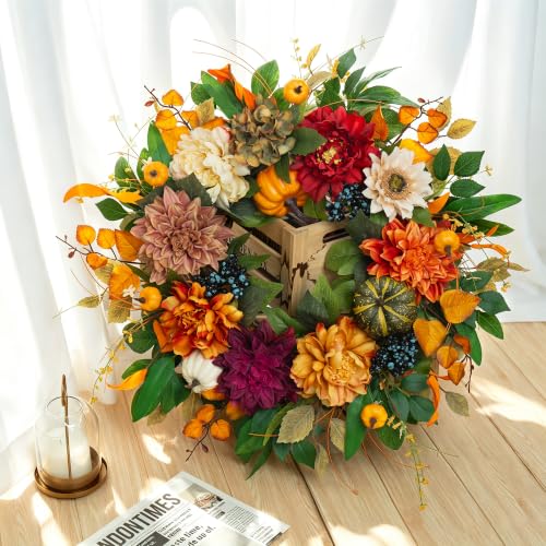 Fall Wreath for Front Door 24 Inch - Rustic Farmhouse Harvest Orange