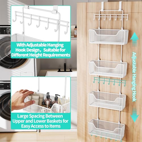 White Over Door Organizer with 4 Metal Baskets & Adjustable Hooks - HapiRm