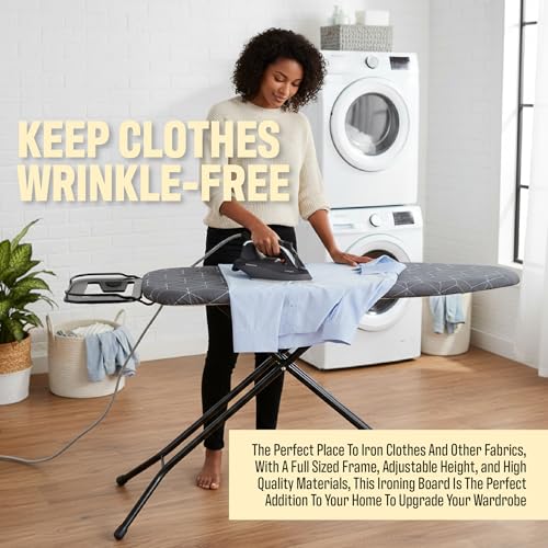 Full Size Foldable Ironing Board with Adjustable Height & Iron Rest - Gray Steel Mesh Surface